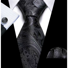 3delige set stropdas manchetknopen pochet donkerblauw zwart Paisley